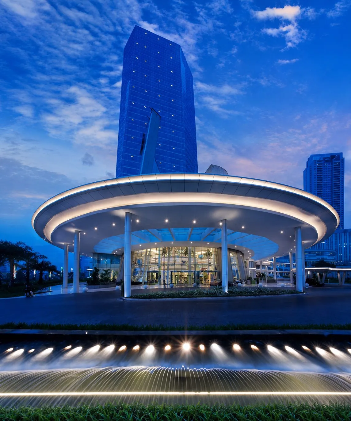 Entrance area at APL Tower in West Jakarta at dusk